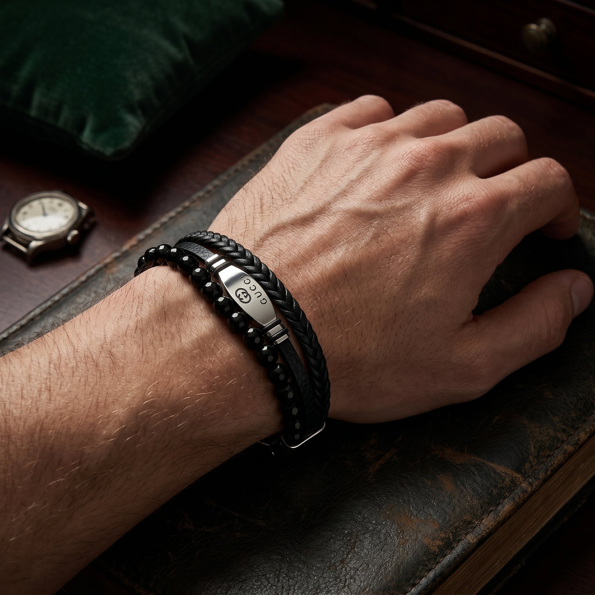 Double Layer Leather & Stone Bracelet