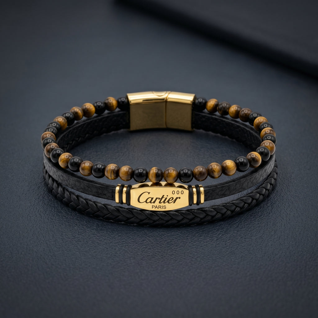 Double Layer Leather & Stone Bracelet